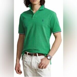 Polo Ralph Lauren Mens Polo Shirt in Bright Green w/ Navy & White Trim. Size L.